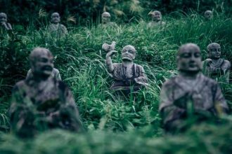 Reihen verwitterter steinerner Porträtfiguren im Fureai Sekibutsu no Sato in Toyama