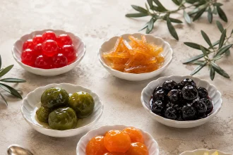 Draufsicht auf sechs kleine Schalen mit glänzenden griechischen Früchten und Zitrusschalen in verschiedenfarbigen Sirupen.