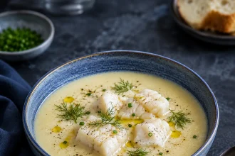 Blaue Schale mit heller griechischer Fischsuppe