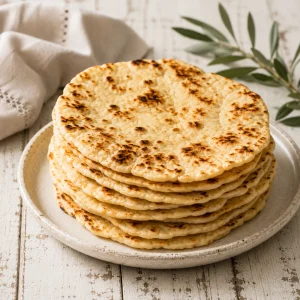 Hoher Stapel hellgoldener griechischer Pita-Fladen mit braunen Pfannenflecken auf einem Keramikteller.