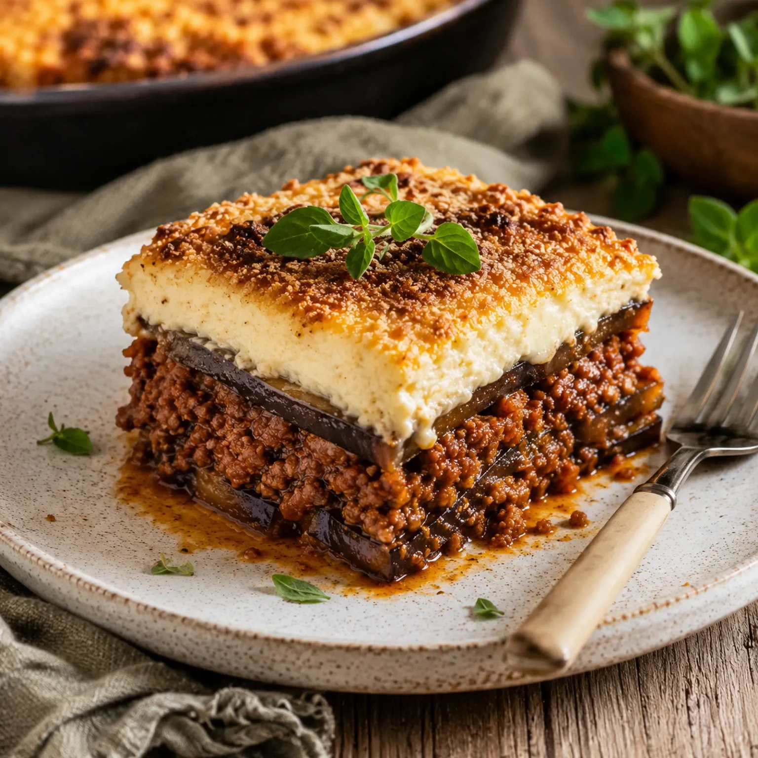 Hohes Stück Moussaka mit glänzenden Auberginen