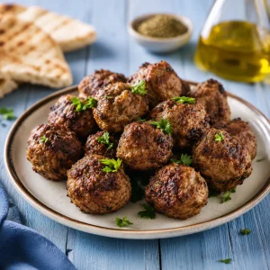 Quadratische Platte mit goldbraunen griechischen Keftedes