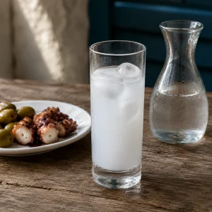 Hohes Glas mit milchig getrübtem Ouzo und Eis neben einer Wasserkaraffe
