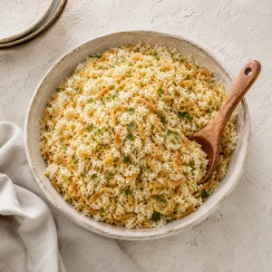 Lockeres griechisches Pilafi mit goldbraunem Orzo und Petersilie in einer hellen Servierschale