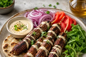 Gegrillte Politiko-Kebabs aus Hackfleisch auf Pita mit Tahini-Joghurt
