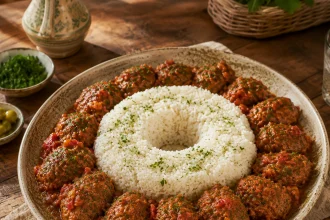 Längliche Soutzoukakia in Tomatensauce rund um einen Ring aus weißem Reis