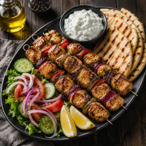 Gegrillte Hähnchen-Souvlaki-Spieße mit Paprika und Zwiebel neben Tzatziki