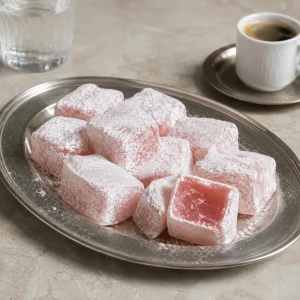 Blassrosa Syros-Loukoumi-Würfel auf einem silbernen Tablett