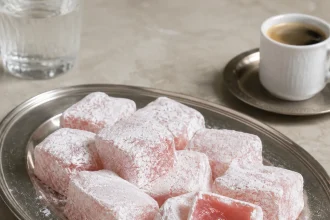 Blassrosa Syros-Loukoumi-Würfel auf einem silbernen Tablett
