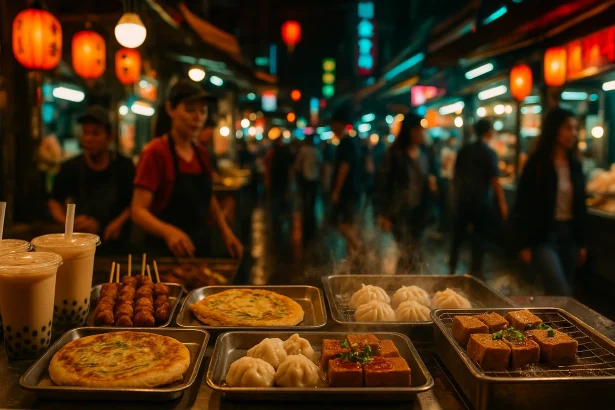 Belebter Nachtmarkt in Taiwan mit Essensständen und Leuchtreklamen