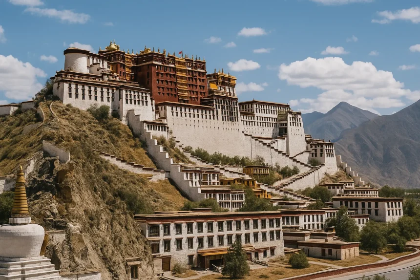 Potala-Palast und tibetische Klosterlandschaft in großer Höhe