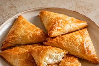 Goldbraune Tiropita-Dreiecke mit sichtbaren Filoteigschichten auf einer Platte