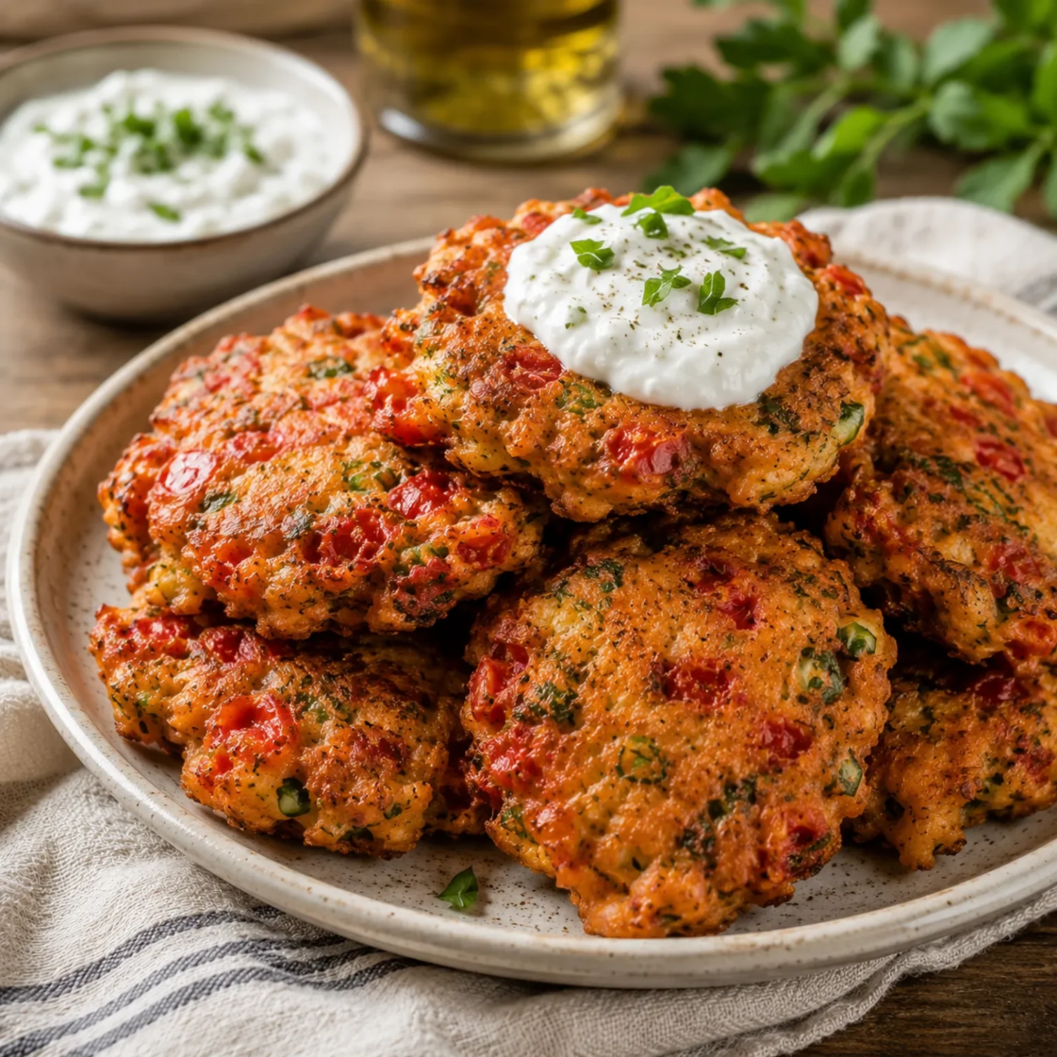 Goldbraune Tomatokeftedes mit sichtbaren Kräutern auf einer Platte neben Joghurt