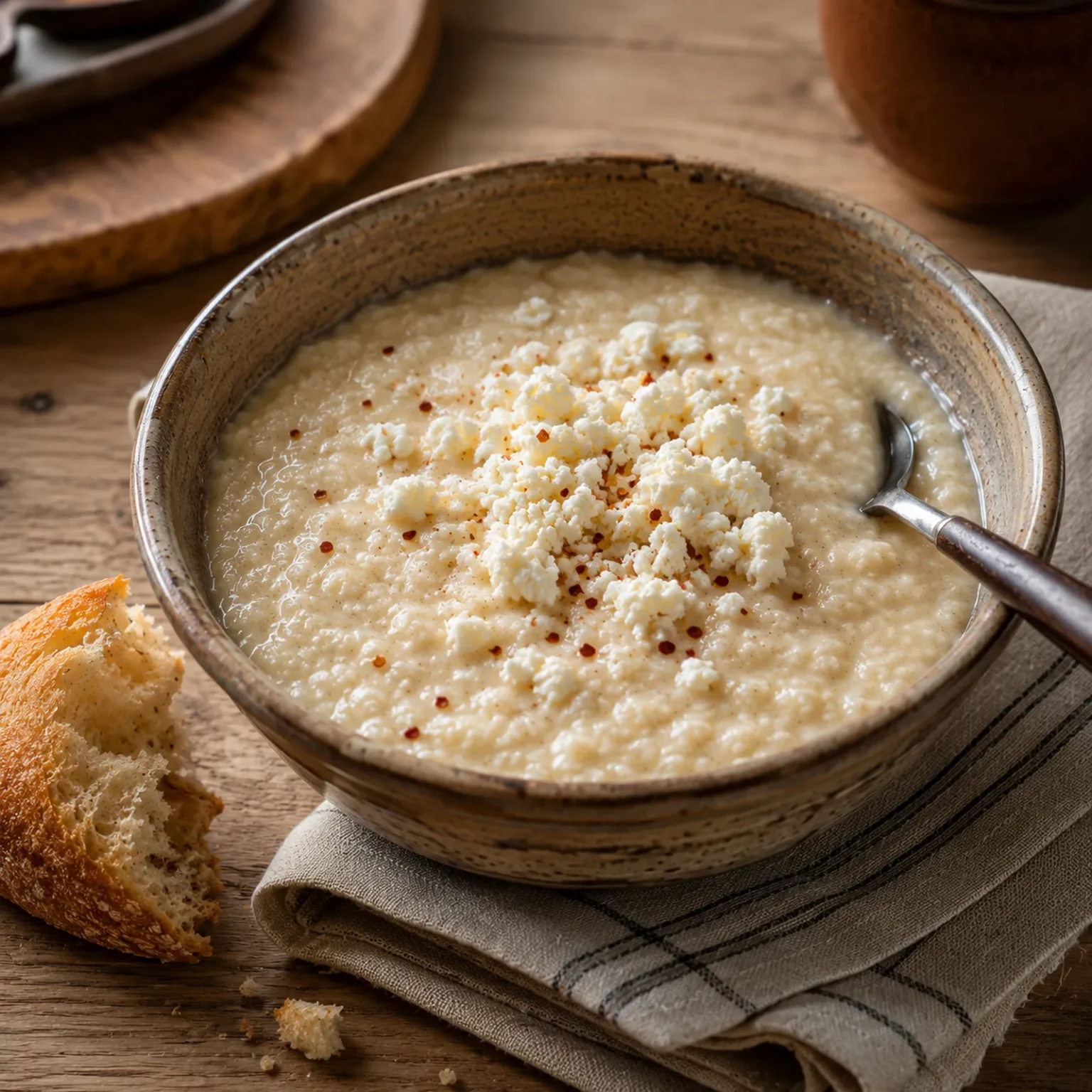 Quadratische Ansicht einer dicken hellen Trahanas-Suppe mit zerbröseltem Feta