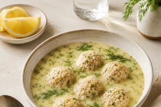 Quadratische Draufsicht auf sechs Youvarlakia-Fleischbällchen in blasser Avgolemono-Brühe mit Dill