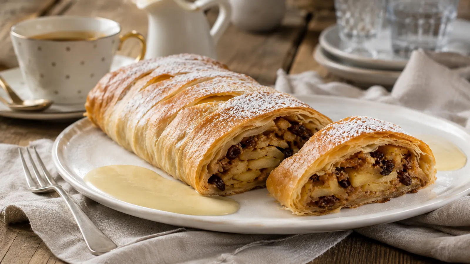 Apfelstrudel dorado y cortado con relleno de manzana y pasas, azúcar glas y crema de vainilla