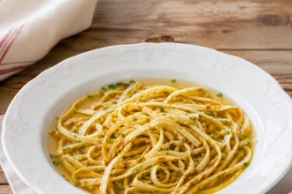 Frittatensuppe con abundantes tiras de crepe y cebollino en caldo dorado