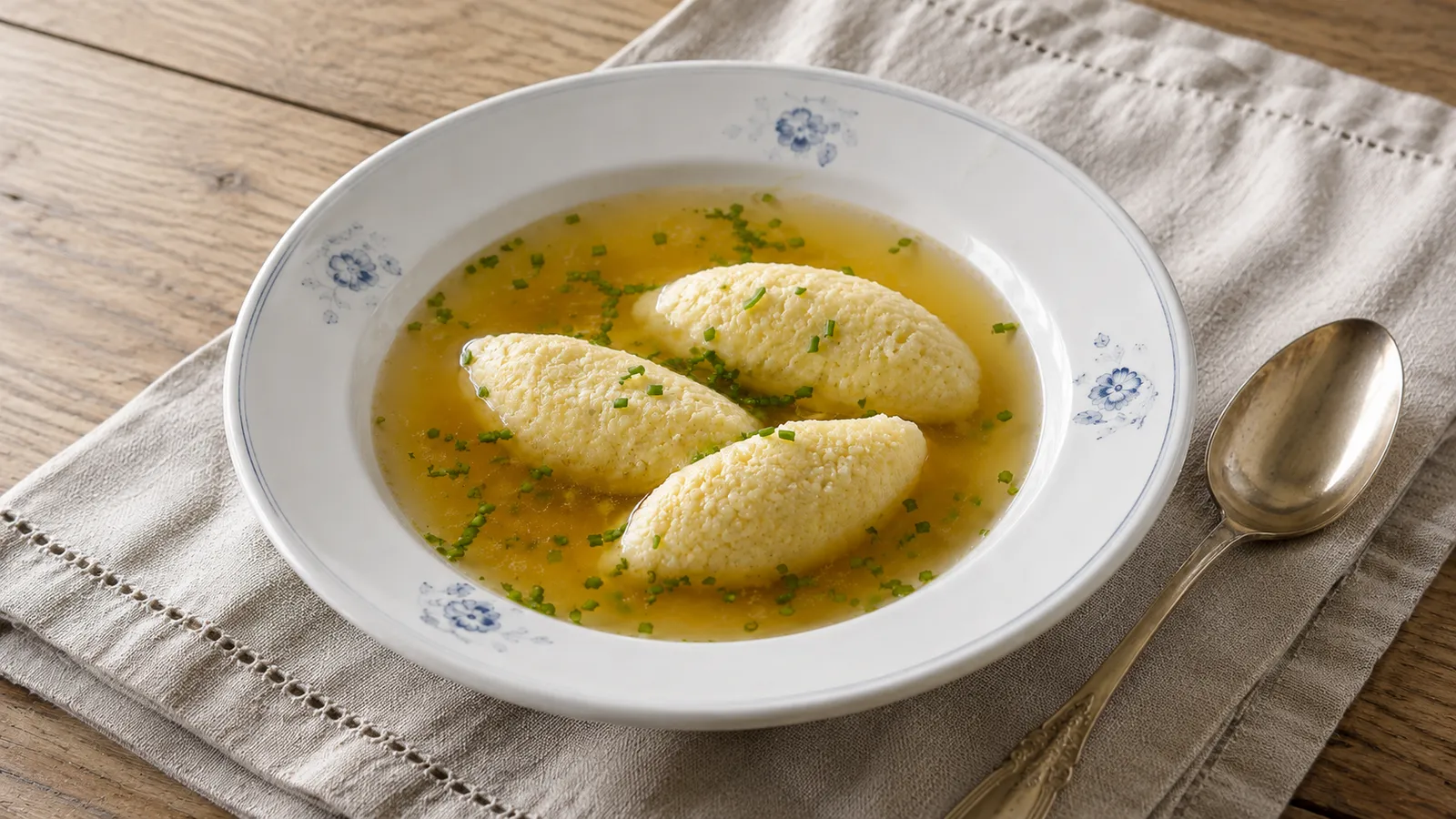 Tres quenelles de sémola en caldo claro, servidas en plato blanco con cebollino y cuchara antigua