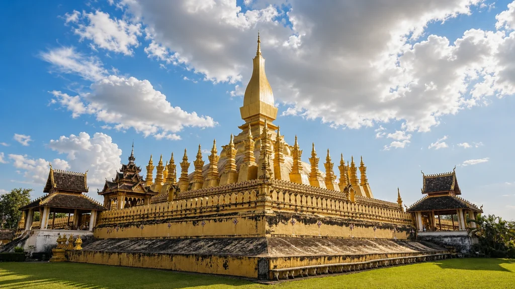 Gran estupa dorada de Pha That Luang bajo nubes en Vientián