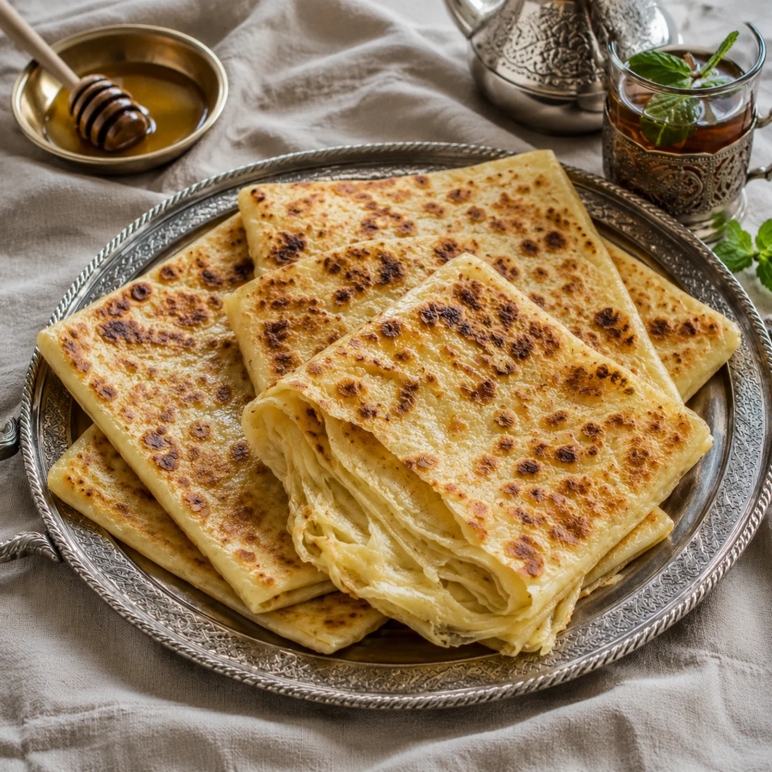 Msemmen cuadrados y dorados en bandeja metálica con capas abiertas