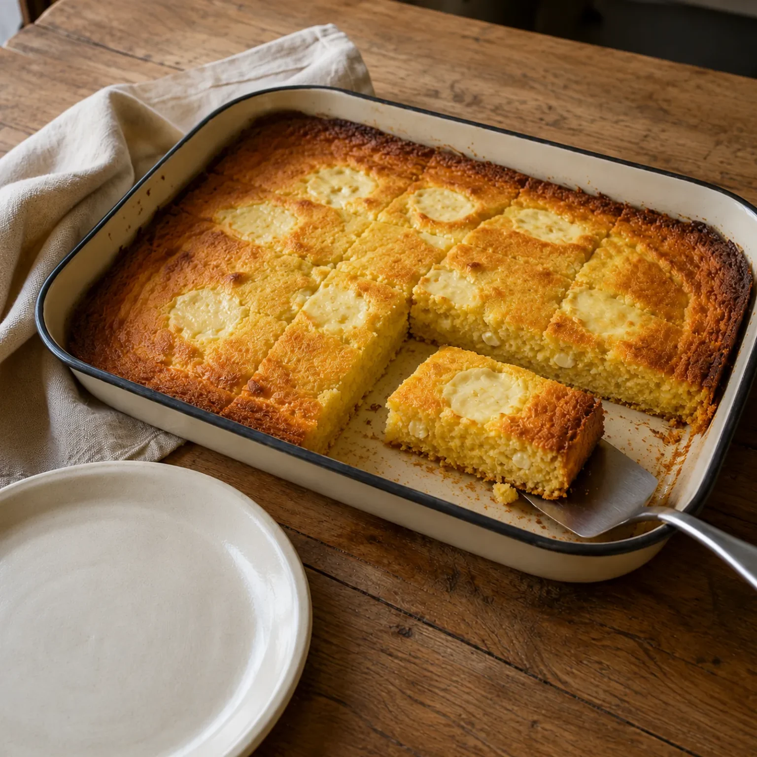 Zlevanka cuadrada de maíz y queso fresco cortada en una bandeja esmaltada