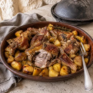 Cordero de Pag dorado con patatas en una bandeja redonda de peka
