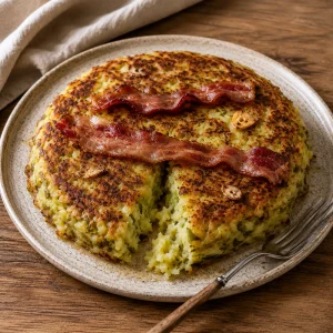 Torta dorada de patata y col con panceta y una porción cortada
