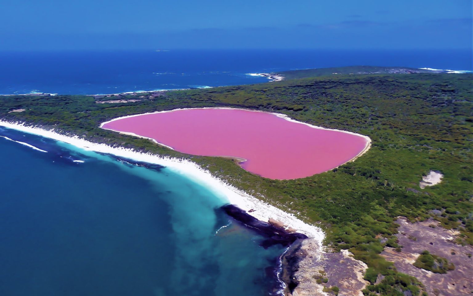 Vista aérea de Lake Hillier junto al bosque y el océano Austral en Middle Island