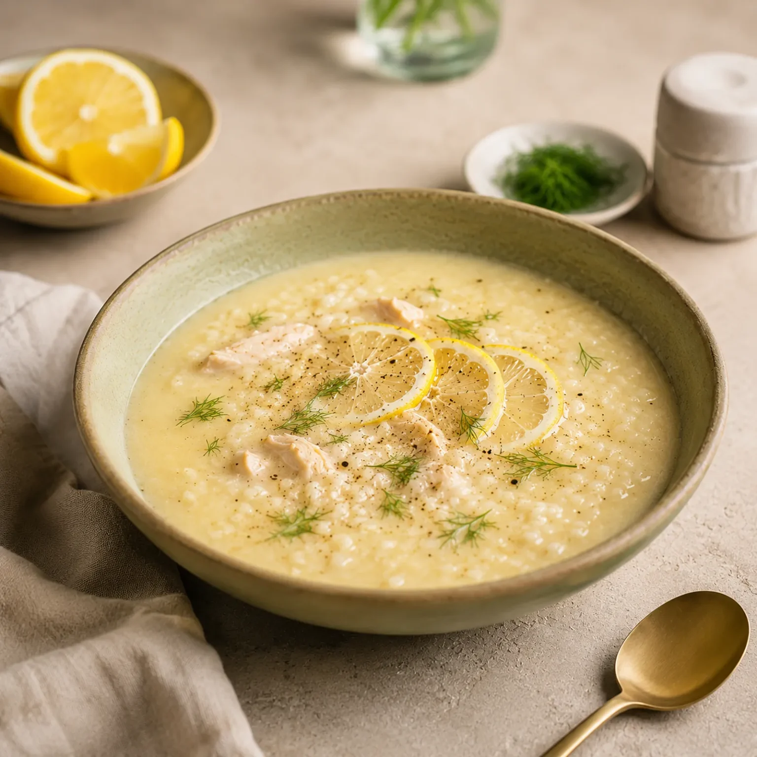 Cuenco verde con sopa avgolemono amarillo pálido
