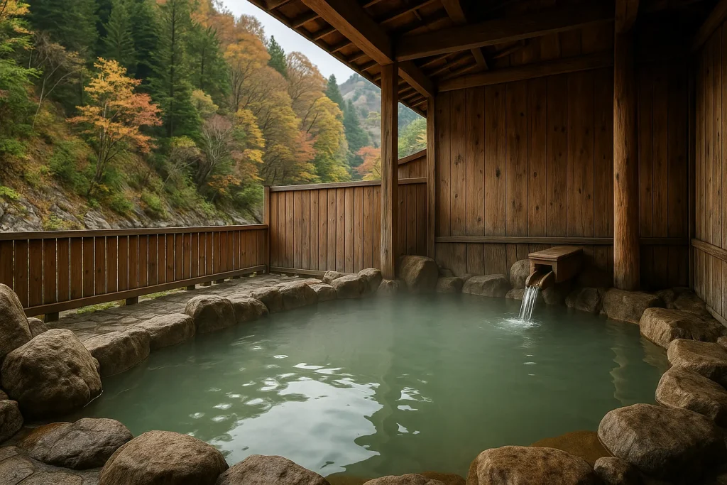 Baño onsen japonés al aire libre rodeado de naturaleza