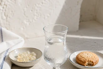 Copa pequeña cuadrada con licor de mastiha de Quíos transparente servido solo