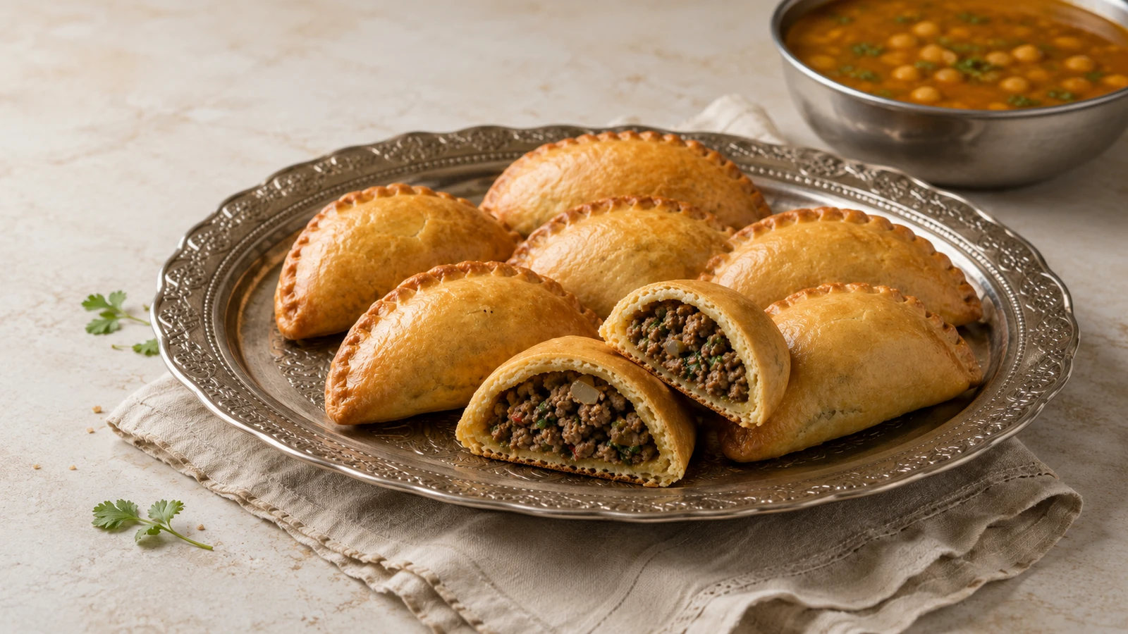 Plateau de boureks laâdjine algériens avec deux chaussons ouverts et un bol de soupe