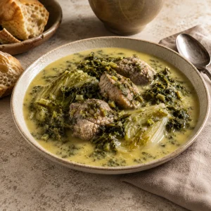 Fricassée d'agneau à la grecque avec verdure et sauce avgolemono