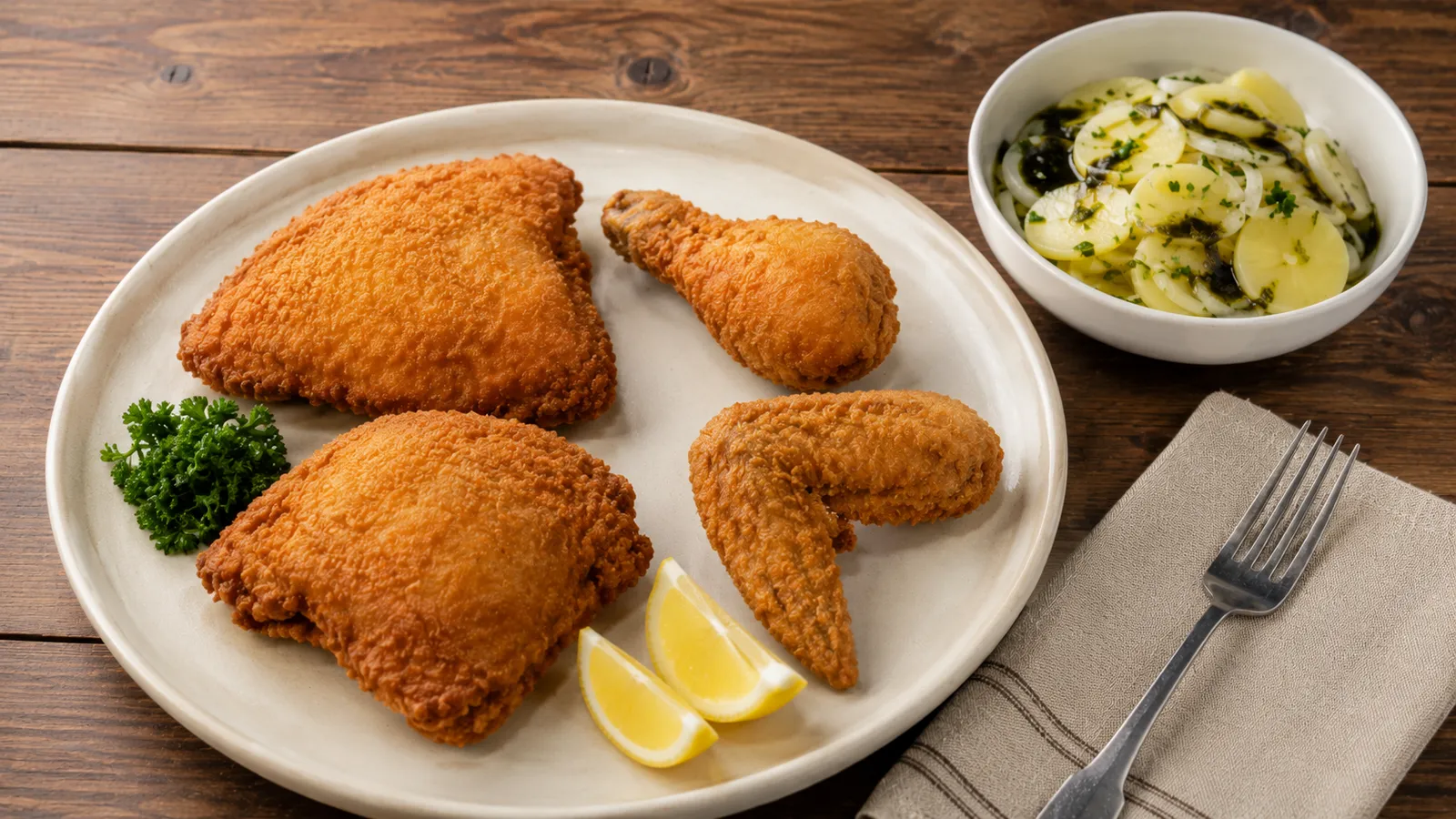 Assiette de Backhendl avec morceaux de poulet pané, quartiers de citron, persil et salade de pommes de terre