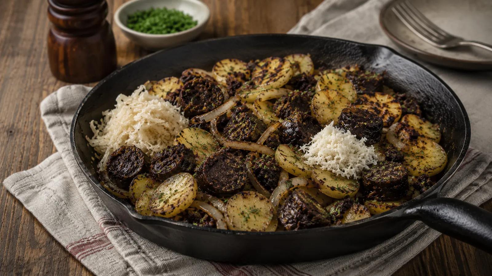 Grande poêle de Blunzengröstl avec boudin noir, pommes de terre dorées, choucroute et raifort