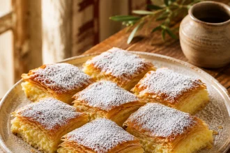 Part carrée de bougatsa grecque poudrée de sucre et cannelle