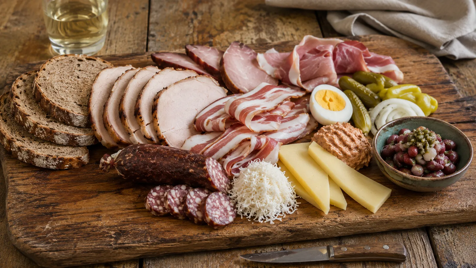 Brettljause sur planche de bois avec charcuteries, fromages, pain, cornichons, œuf et tartinade