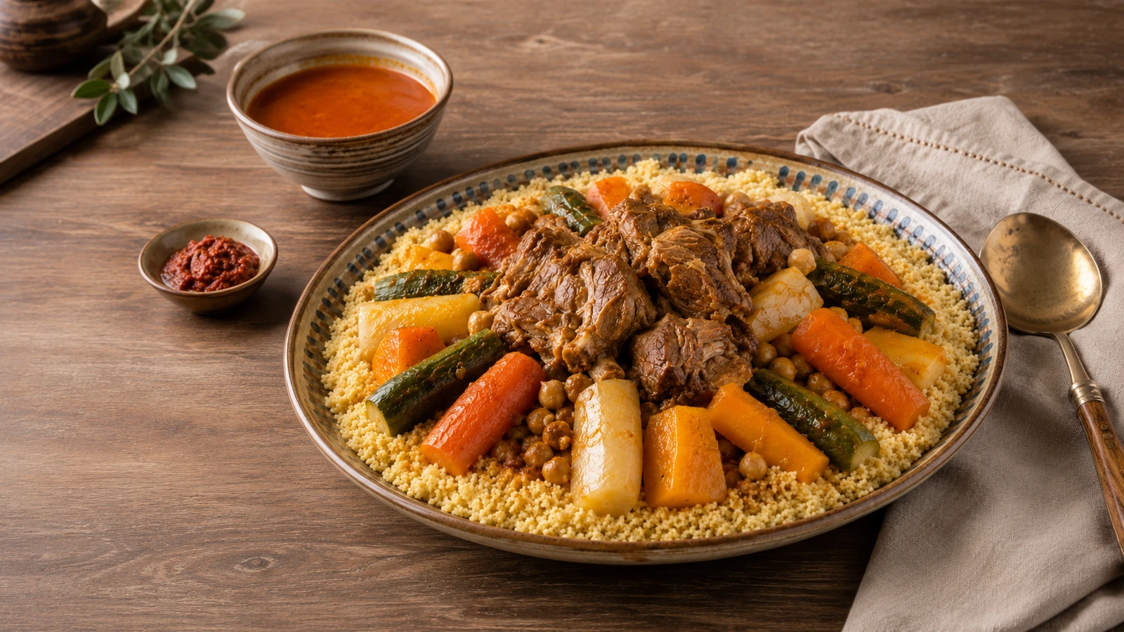 Grand plat de couscous algérien à l’agneau avec légumes, pois chiches, bouillon et harissa
