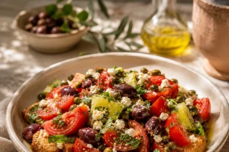 Dakos crétois à la tomate fromage blanc olives et câpres