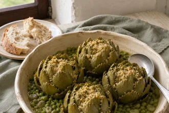 Quatre artichauts farcis de chapelure dans un plat crème rempli de petits pois et de fèves