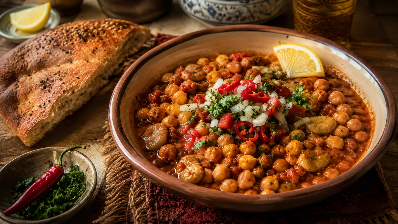 Doubara algérienne aux pois chiches et fèves avec pain, citron, piment et herbes