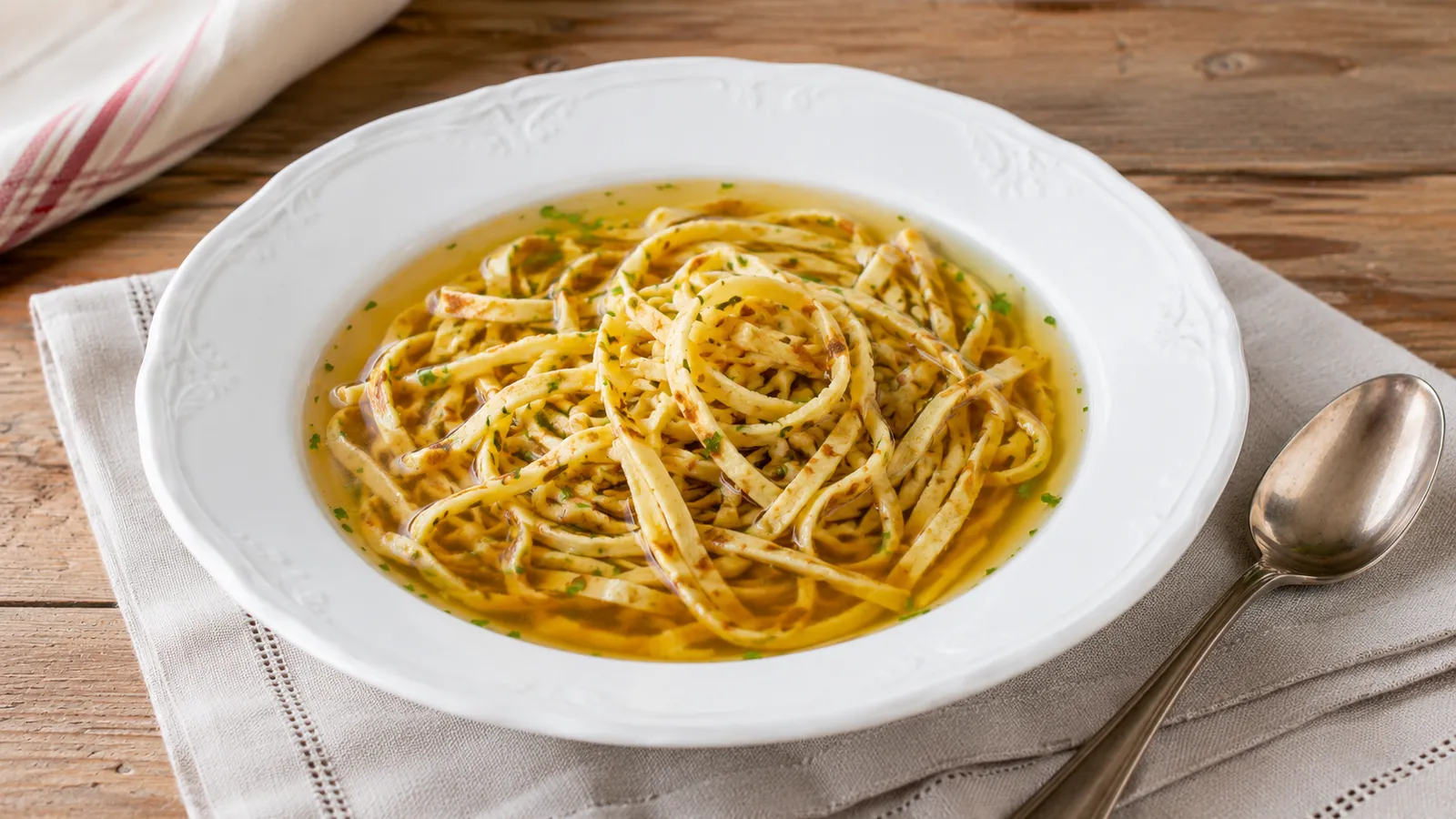 Frittatensuppe dans un bol blanc avec bouillon clair, rubans de crêpes dorés et ciboulette