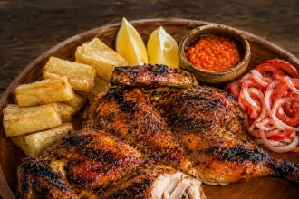 Poulet ouvert très doré à peau grillée avec bâtonnets de manioc