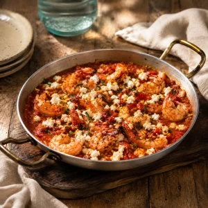 Saganaki de crevettes grecques avec sauce tomate et feta dans une poêle ronde
