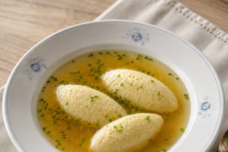 Trois quenelles de semoule dans un bouillon doré avec ciboulette