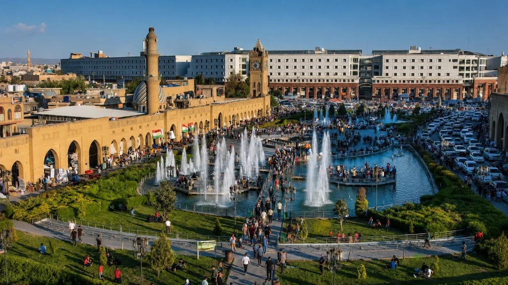 Fontaines et promenade animée devant la citadelle et le bazar historique d’Erbil