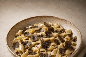 Bol carré de pâtes istriennes crémeuses couvertes de fines lamelles de truffe noire