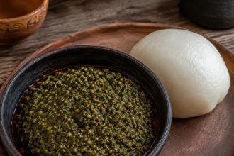 Ragoût épais vert olive foncé de feuilles de manioc dans un bol noir avec un dôme lisse de funje blanc
