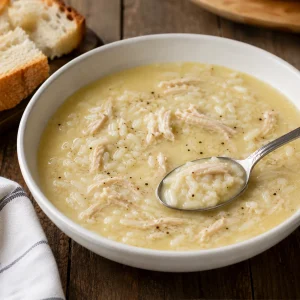 Bol de kotosoupa avgolemono grecque au poulet riz et citron