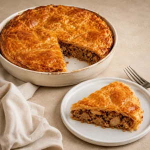 Rond grec kreatopita avec croustillant filo et garniture à la viande